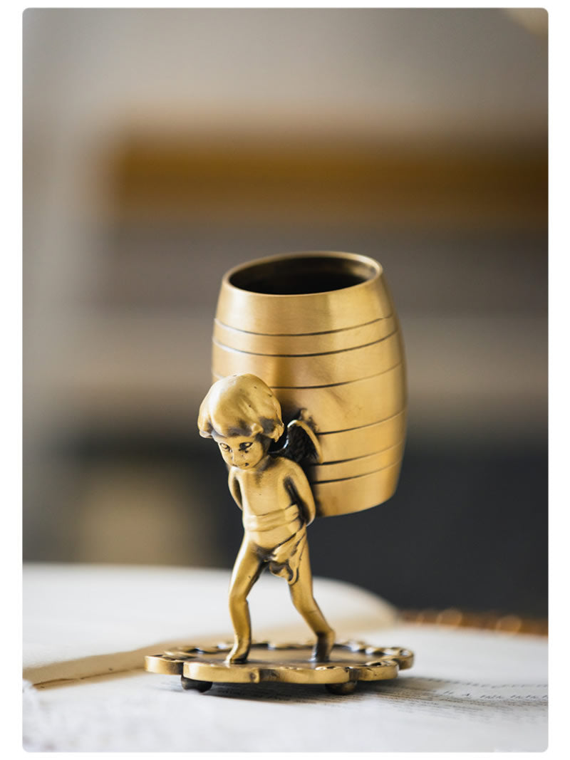 Vintage Brass Cherub Angel Multi-Purpose Holder, Retro Metal Pen Stand & Tea Spoon Storage, European Desk & Tea Table Decor Ornament