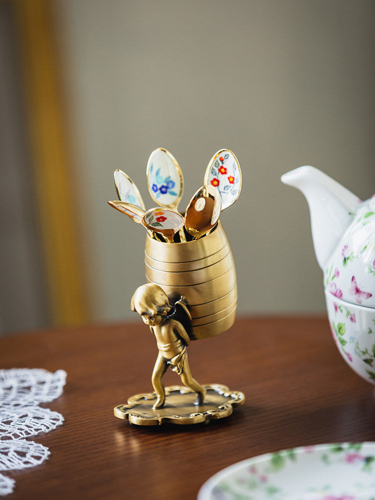 Vintage Brass Cherub Angel Multi-Purpose Holder, Retro Metal Pen Stand & Tea Spoon Storage, European Desk & Tea Table Decor Ornament