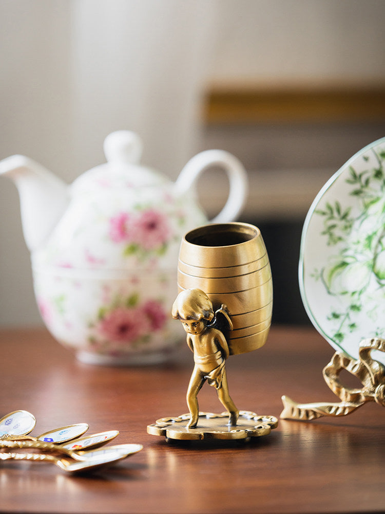 Vintage Brass Cherub Angel Multi-Purpose Holder, Retro Metal Pen Stand & Tea Spoon Storage, European Desk & Tea Table Decor Ornament
