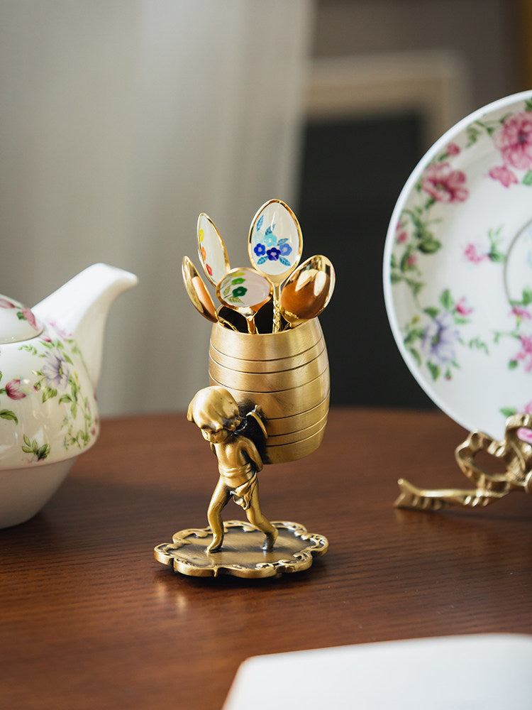 Vintage Brass Cherub Angel Multi-Purpose Holder, Retro Metal Pen Stand & Tea Spoon Storage, European Desk & Tea Table Decor Ornament
