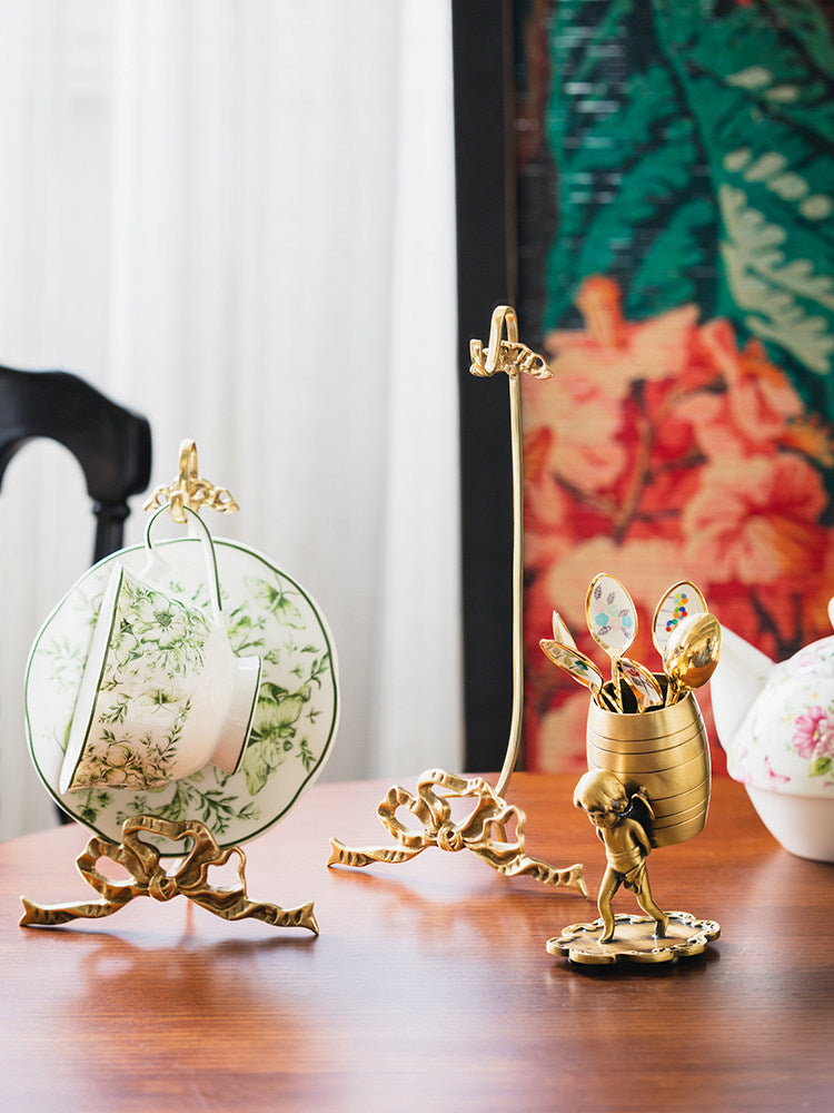 Vintage Brass Cherub Angel Multi-Purpose Holder, Retro Metal Pen Stand & Tea Spoon Storage, European Desk & Tea Table Decor Ornament
