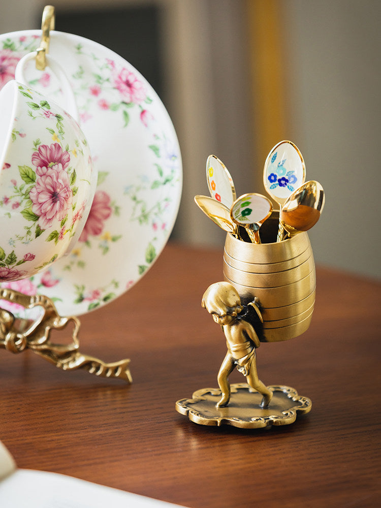 Vintage Brass Cherub Angel Multi-Purpose Holder, Retro Metal Pen Stand & Tea Spoon Storage, European Desk & Tea Table Decor Ornament