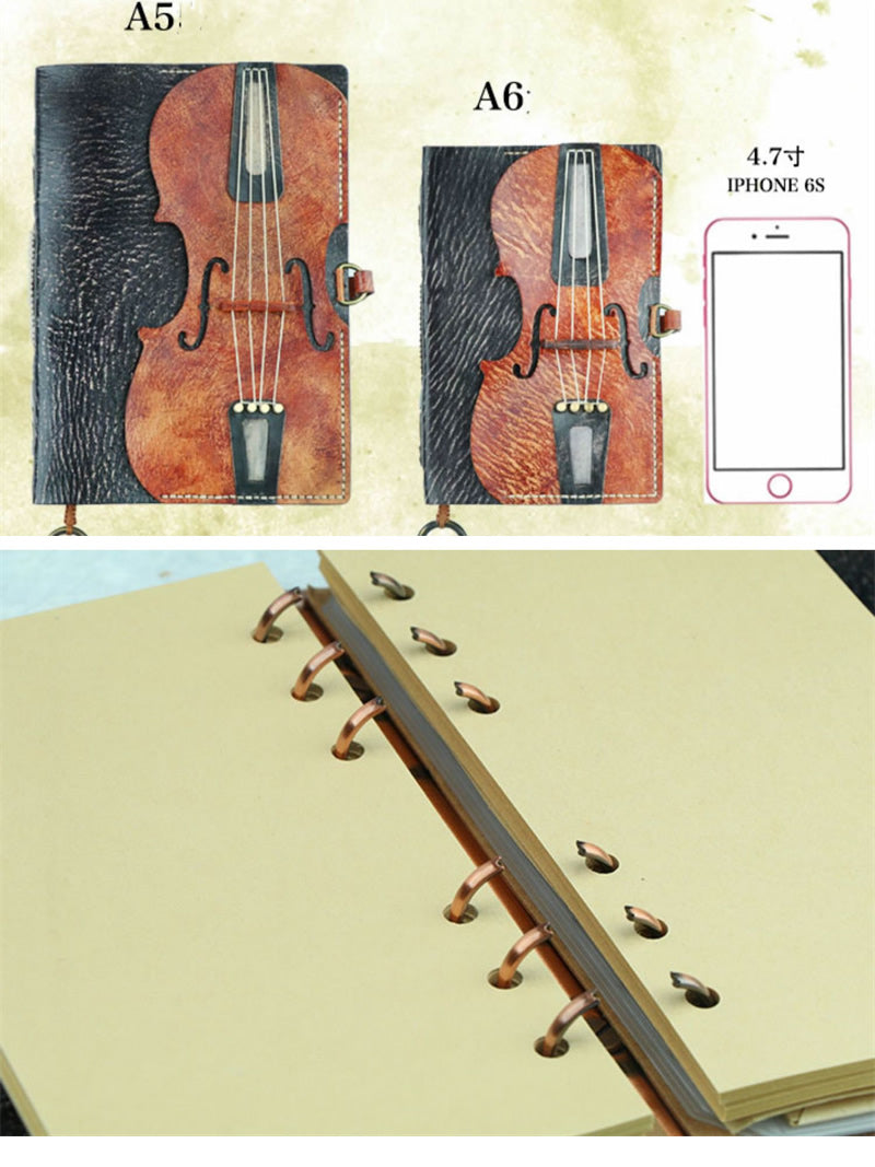 Vintage Cello Design Genuine Leather Notebook - Elegant and Timeless Writing Journal