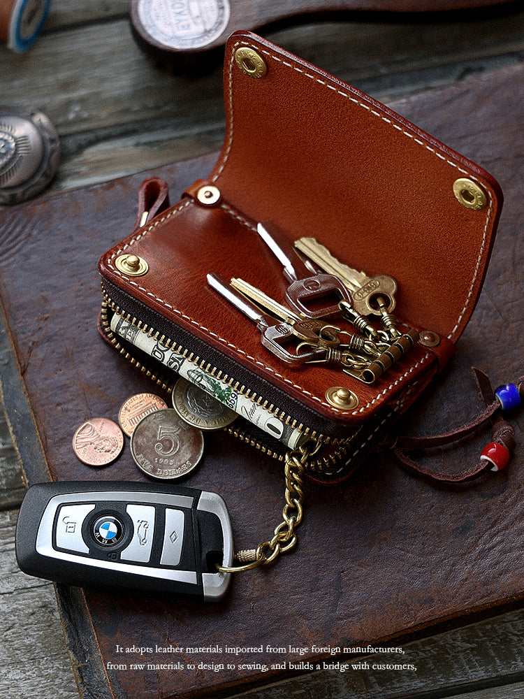 Vintage Cowhide Key Holder - Car Key Organizer and Mini Wallet