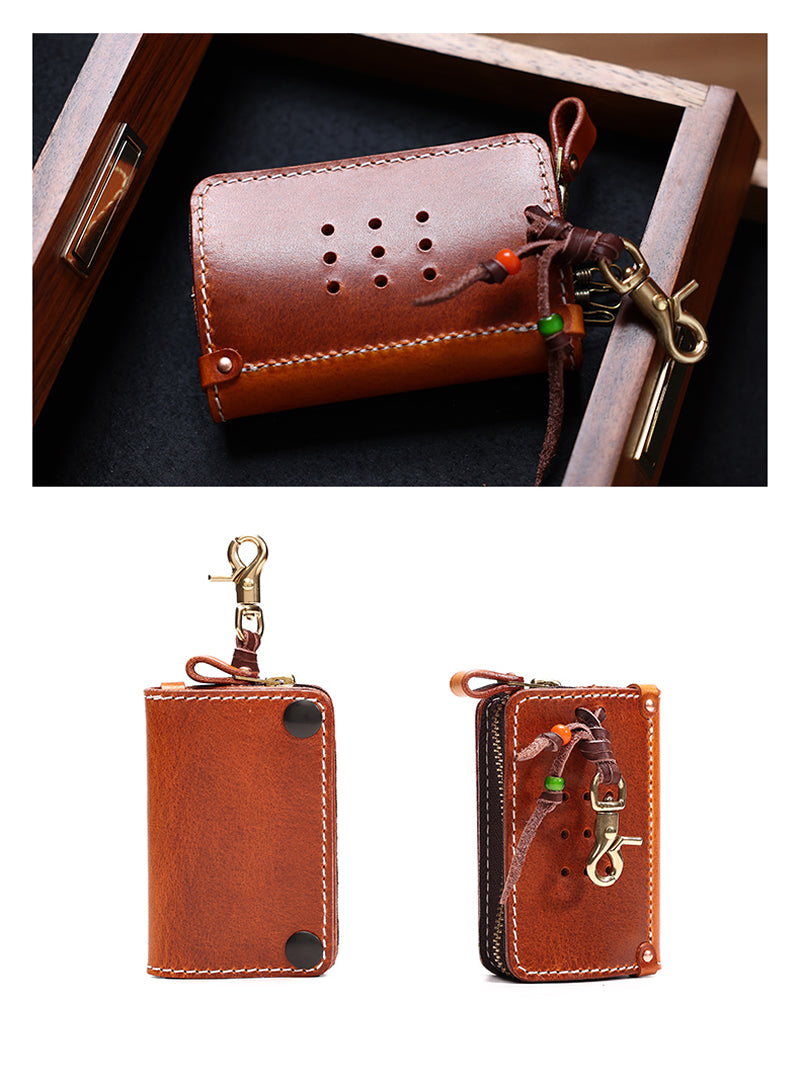 Vintage Cowhide Key Holder - Car Key Organizer and Mini Wallet