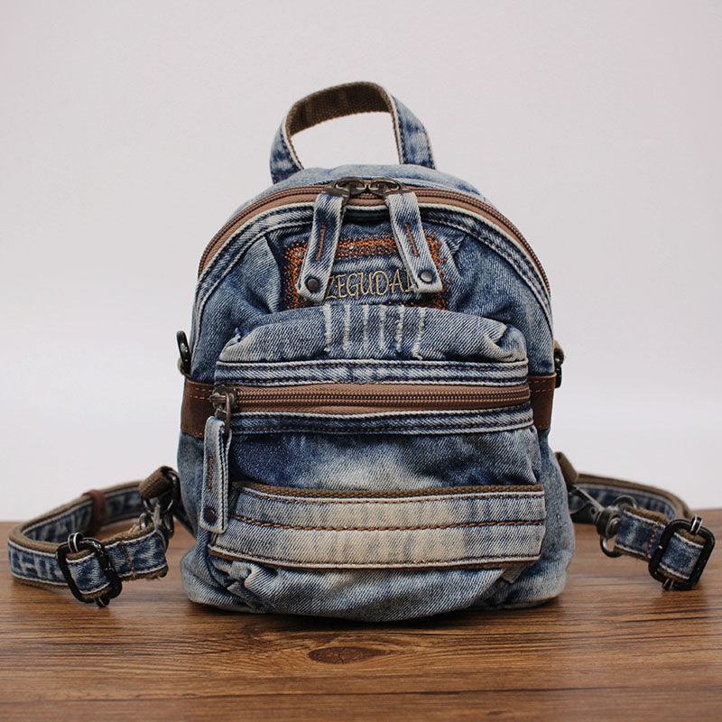 Vintage Denim Mini Backpack - Convertible Crossbody Bag with Distressed Details
