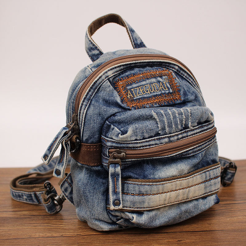 Vintage Denim Mini Backpack - Convertible Crossbody Bag with Distressed Details