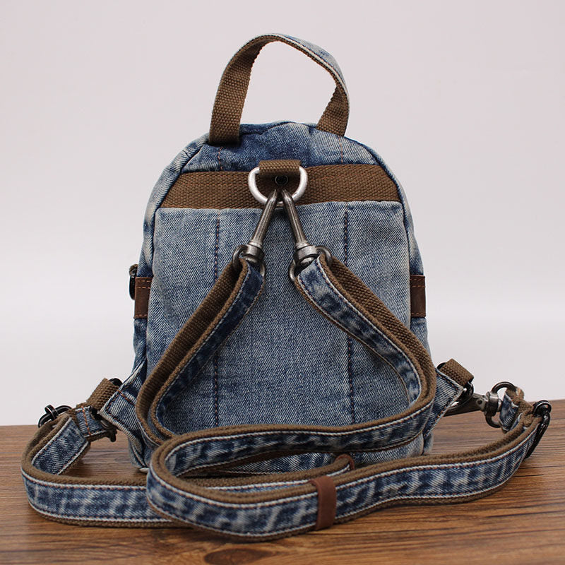 Vintage Denim Mini Backpack - Convertible Crossbody Bag with Distressed Details