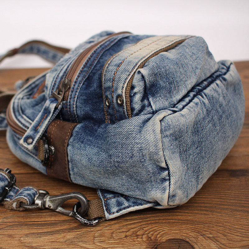 Vintage Denim Mini Backpack - Convertible Crossbody Bag with Distressed Details