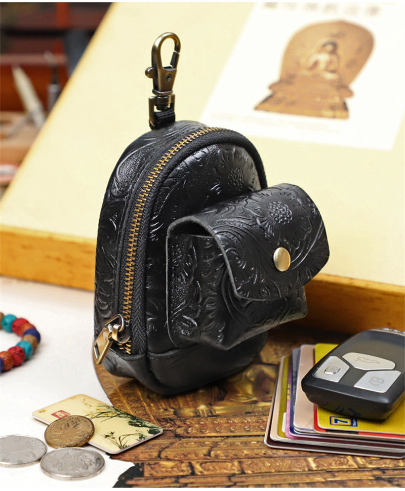 Vintage Embossed Leather Mini Keychain Pouch - Zippered Coin Purse with Clip Hook for Keys & Cards