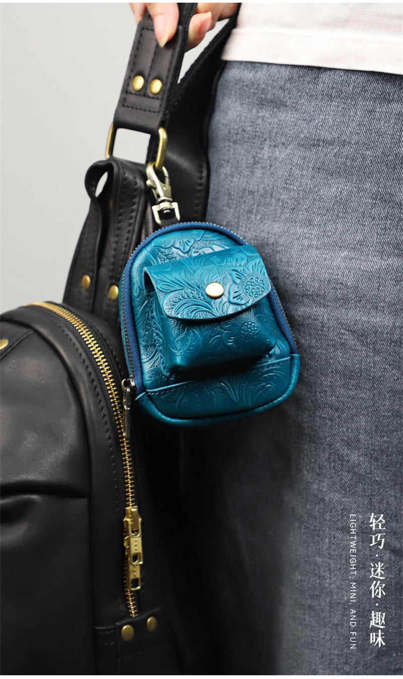 Vintage Embossed Leather Mini Keychain Pouch - Zippered Coin Purse with Clip Hook for Keys & Cards