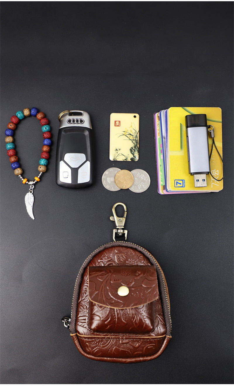 Vintage Embossed Leather Mini Keychain Pouch - Zippered Coin Purse with Clip Hook for Keys & Cards