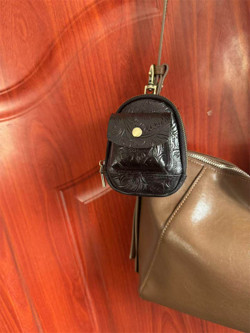 Vintage Embossed Leather Mini Keychain Pouch - Zippered Coin Purse with Clip Hook for Keys & Cards