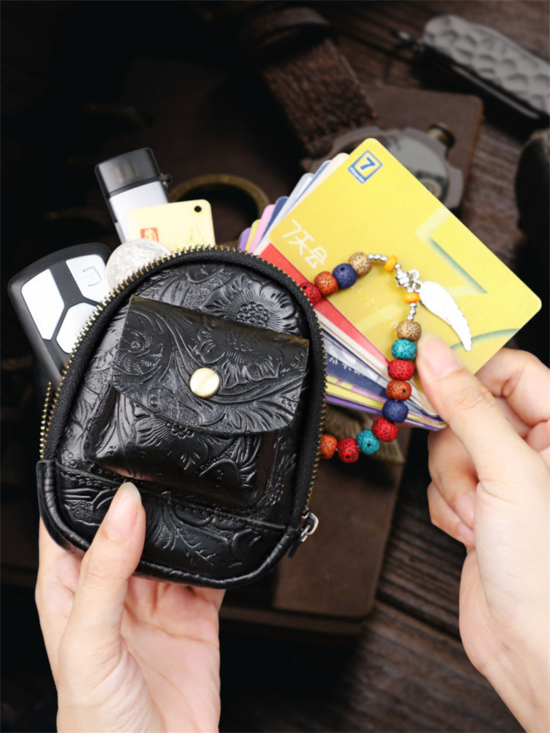 Vintage Embossed Leather Mini Keychain Pouch - Zippered Coin Purse with Clip Hook for Keys & Cards