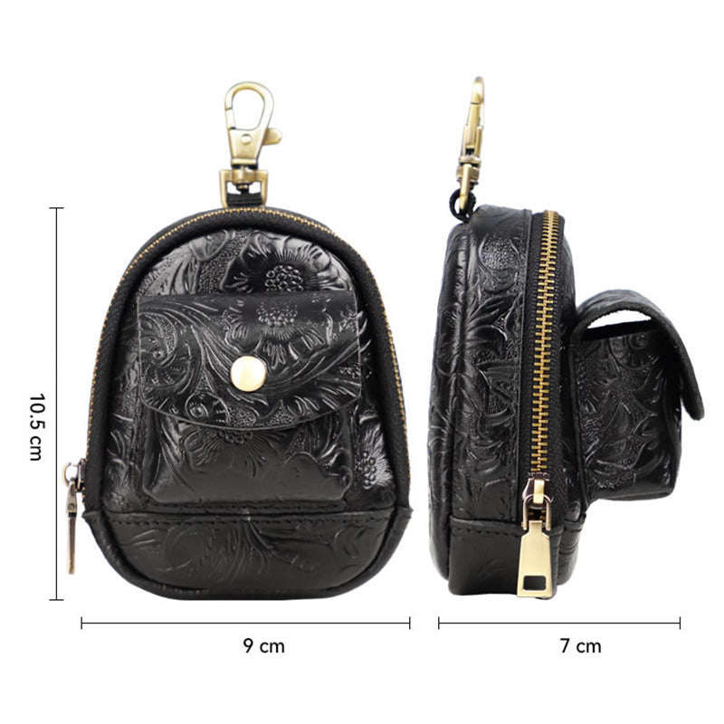 Vintage Embossed Leather Mini Keychain Pouch - Zippered Coin Purse with Clip Hook for Keys & Cards