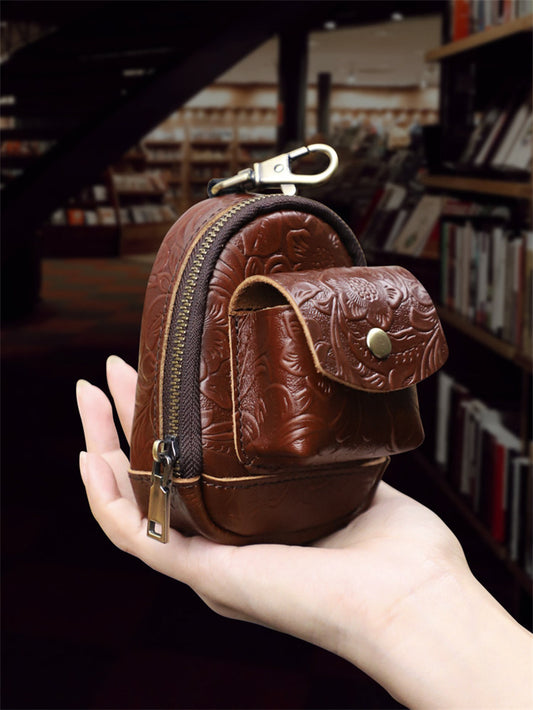 Vintage Embossed Leather Mini Keychain Pouch - Zippered Coin Purse with Clip Hook for Keys & Cards