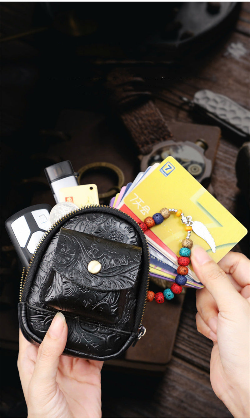 Vintage Embossed Leather Mini Keychain Pouch - Zippered Coin Purse with Clip Hook for Keys & Cards