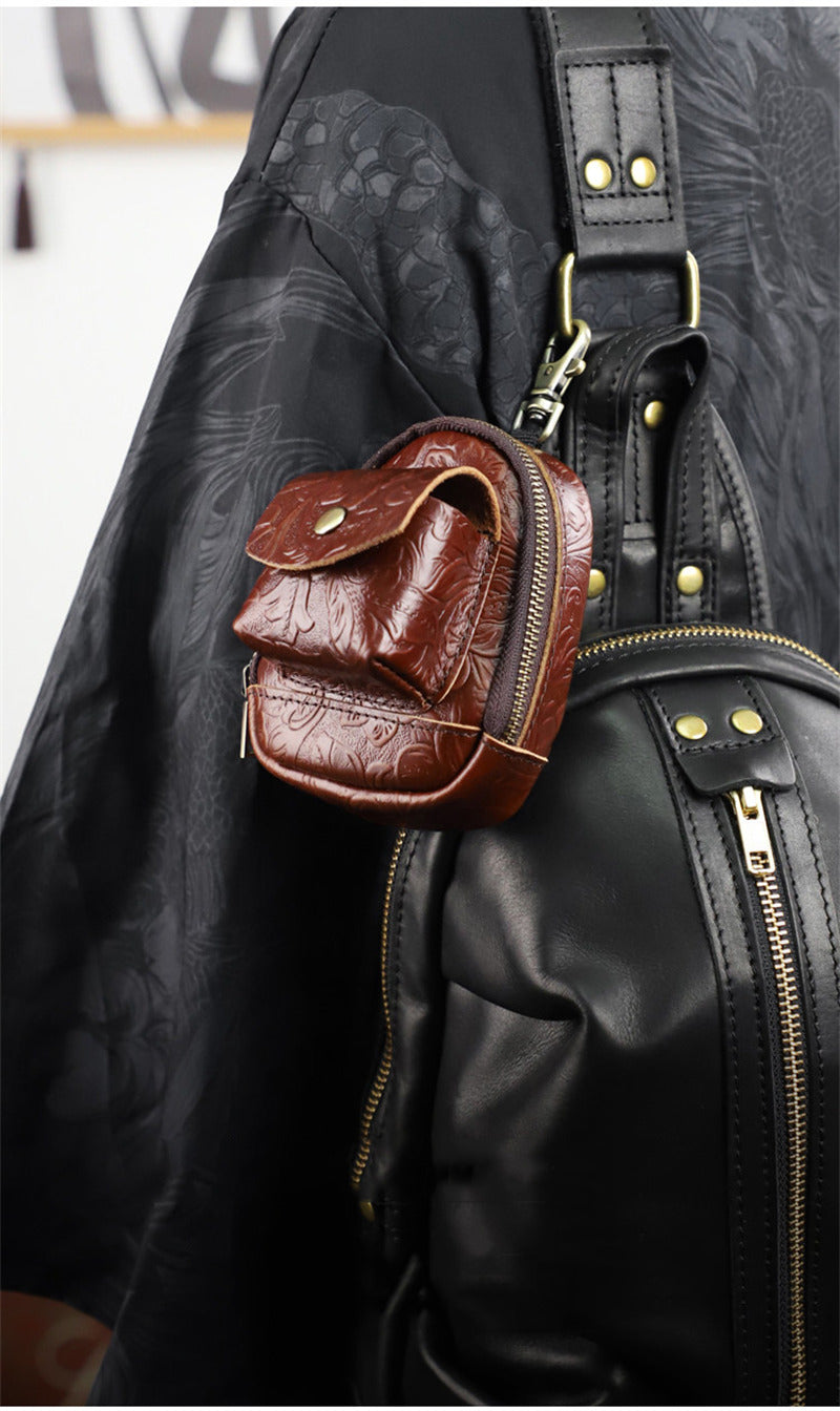Vintage Embossed Leather Mini Keychain Pouch - Zippered Coin Purse with Clip Hook for Keys & Cards
