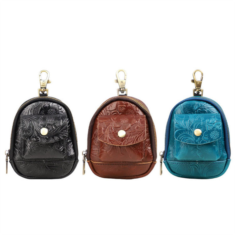 Vintage Embossed Leather Mini Keychain Pouch - Zippered Coin Purse with Clip Hook for Keys & Cards