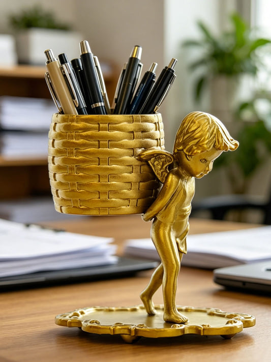 Vintage Golden Winged Cherub Multi-Purpose Storage Holder, Pen Holder/Cotton Swab/Spoon Organizer, Luxury Desk Decor