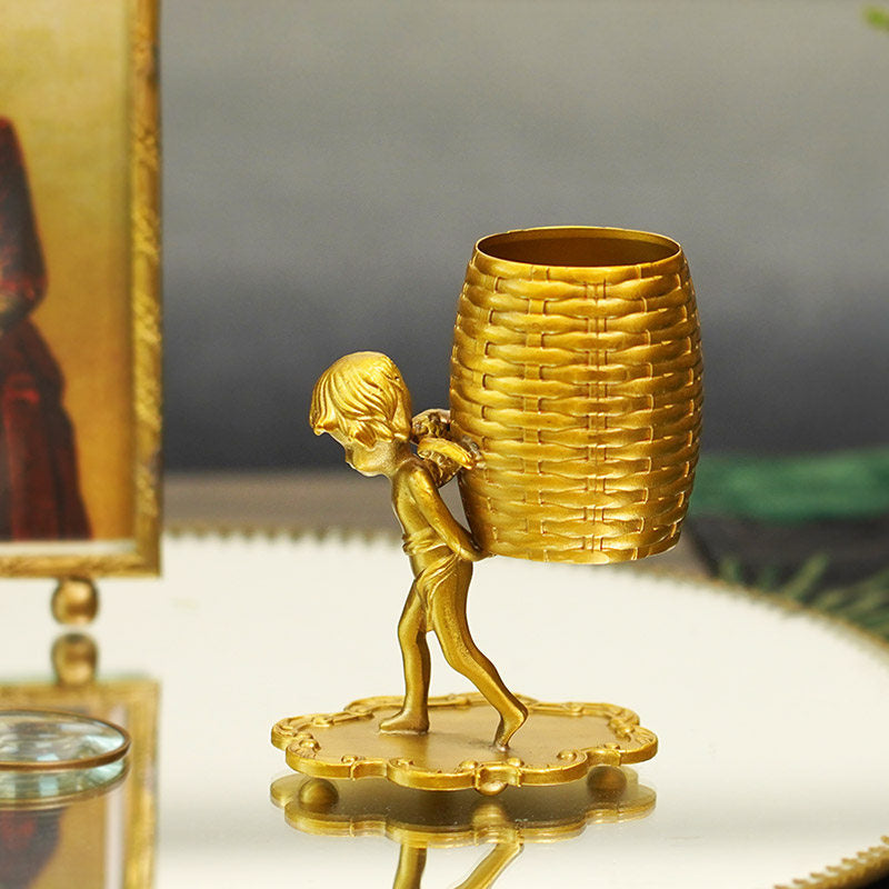 Vintage Golden Winged Cherub Multi-Purpose Storage Holder, Pen Holder/Cotton Swab/Spoon Organizer, Luxury Desk Decor