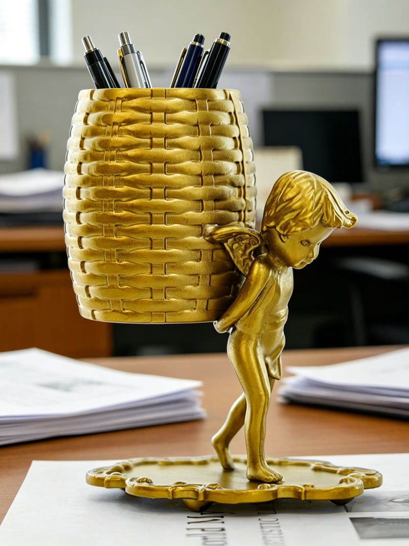 Vintage Golden Winged Cherub Multi-Purpose Storage Holder, Pen Holder/Cotton Swab/Spoon Organizer, Luxury Desk Decor