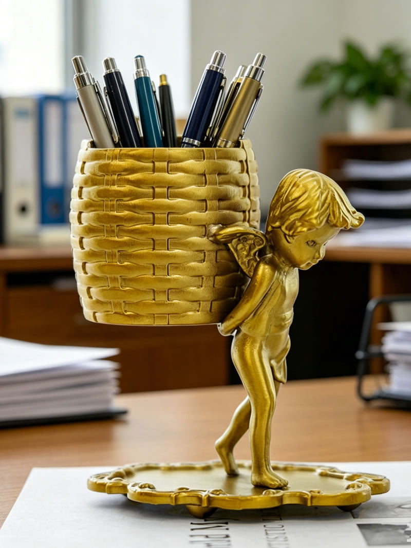 Vintage Golden Winged Cherub Multi-Purpose Storage Holder, Pen Holder/Cotton Swab/Spoon Organizer, Luxury Desk Decor