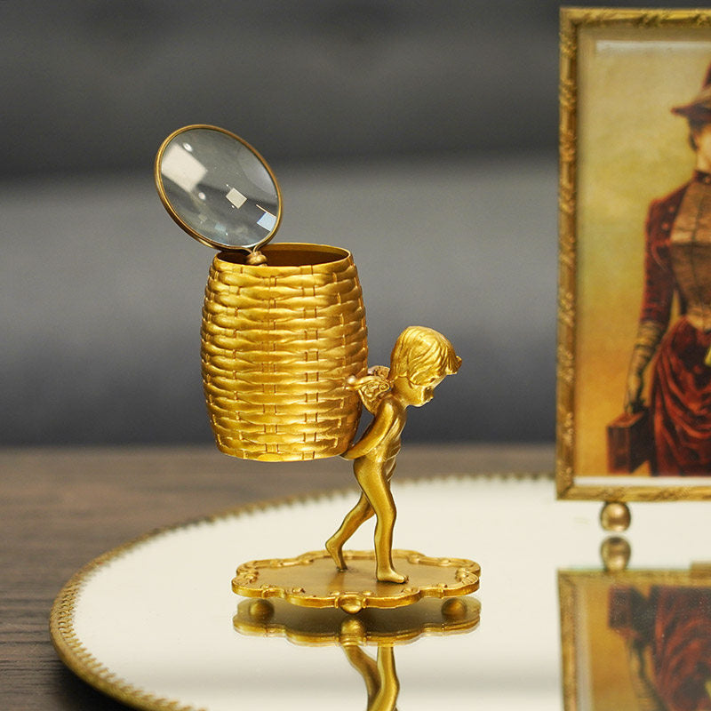 Vintage Golden Winged Cherub Multi-Purpose Storage Holder, Pen Holder/Cotton Swab/Spoon Organizer, Luxury Desk Decor