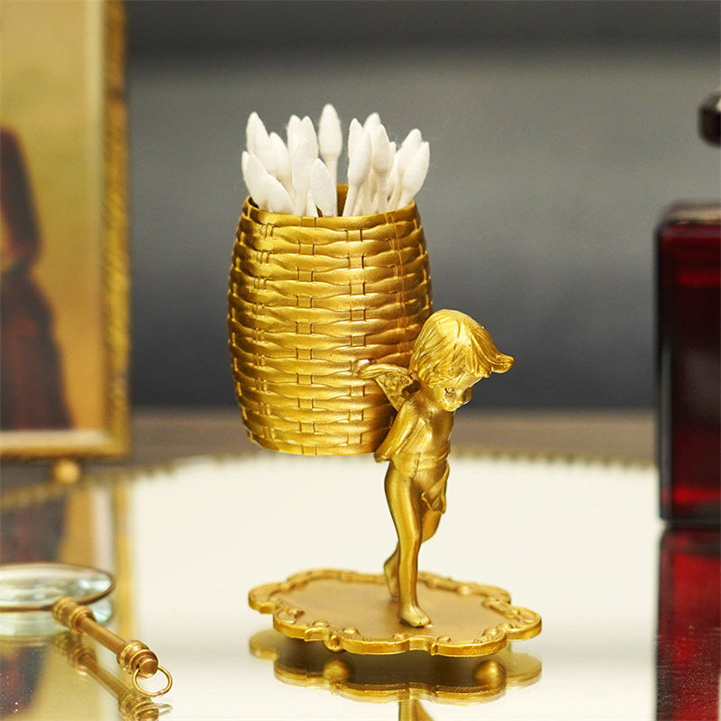 Vintage Golden Winged Cherub Multi-Purpose Storage Holder, Pen Holder/Cotton Swab/Spoon Organizer, Luxury Desk Decor