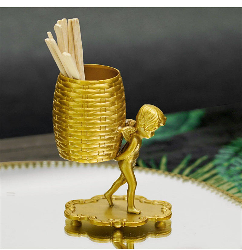 Vintage Golden Winged Cherub Multi-Purpose Storage Holder, Pen Holder/Cotton Swab/Spoon Organizer, Luxury Desk Decor