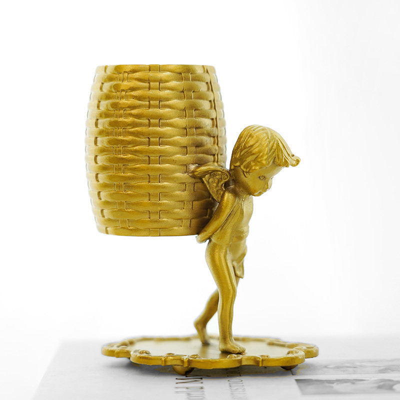 Vintage Golden Winged Cherub Multi-Purpose Storage Holder, Pen Holder/Cotton Swab/Spoon Organizer, Luxury Desk Decor