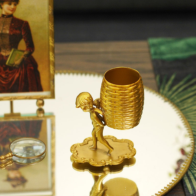 Vintage Golden Winged Cherub Multi-Purpose Storage Holder, Pen Holder/Cotton Swab/Spoon Organizer, Luxury Desk Decor