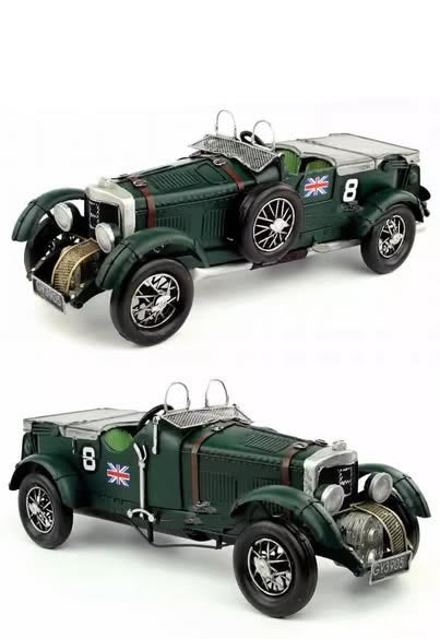 Vintage Green Metal Car Model - Retro Collectible with Spare Tire, Engine, and Classic Detailing