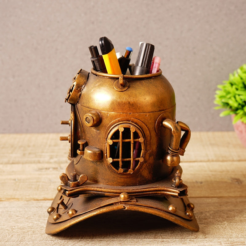 Vintage Industrial Metal Diver Helmet Pen Holder - Unique Desk Organizer for Office or Shop Ornaments