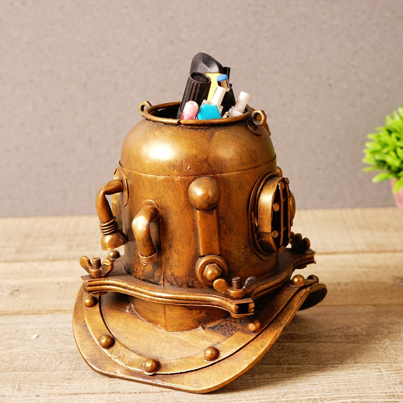 Vintage Industrial Metal Diver Helmet Pen Holder - Unique Desk Organizer for Office or Shop Ornaments