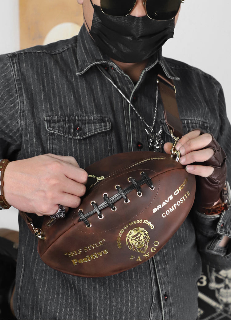 Vintage Leather Football-Shaped Crossbody Bag - Motorcycle Backpack