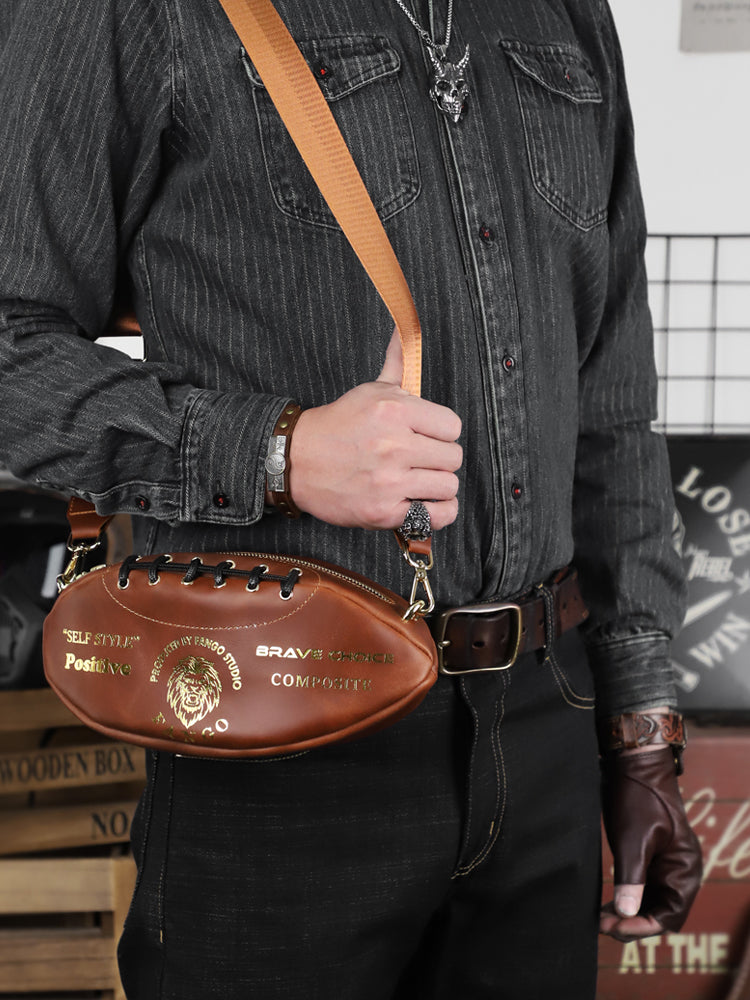 Vintage Leather Football-Shaped Crossbody Bag - Motorcycle Backpack