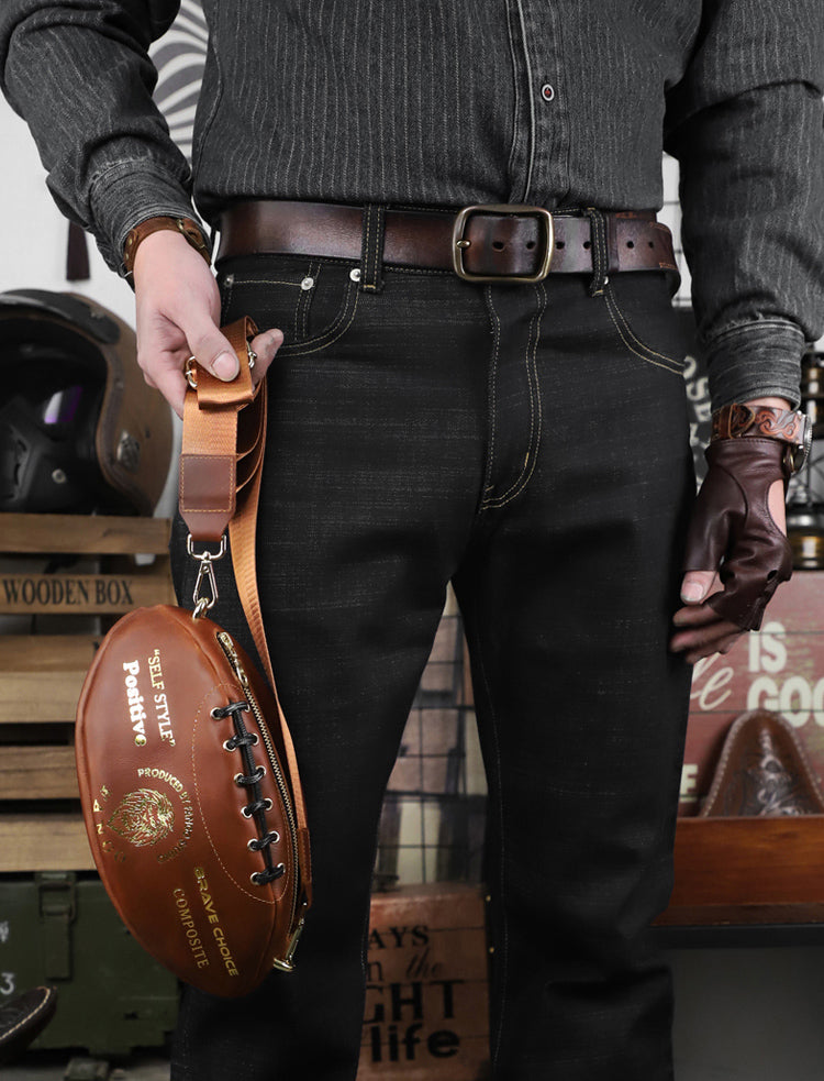 Vintage Leather Football-Shaped Crossbody Bag - Motorcycle Backpack