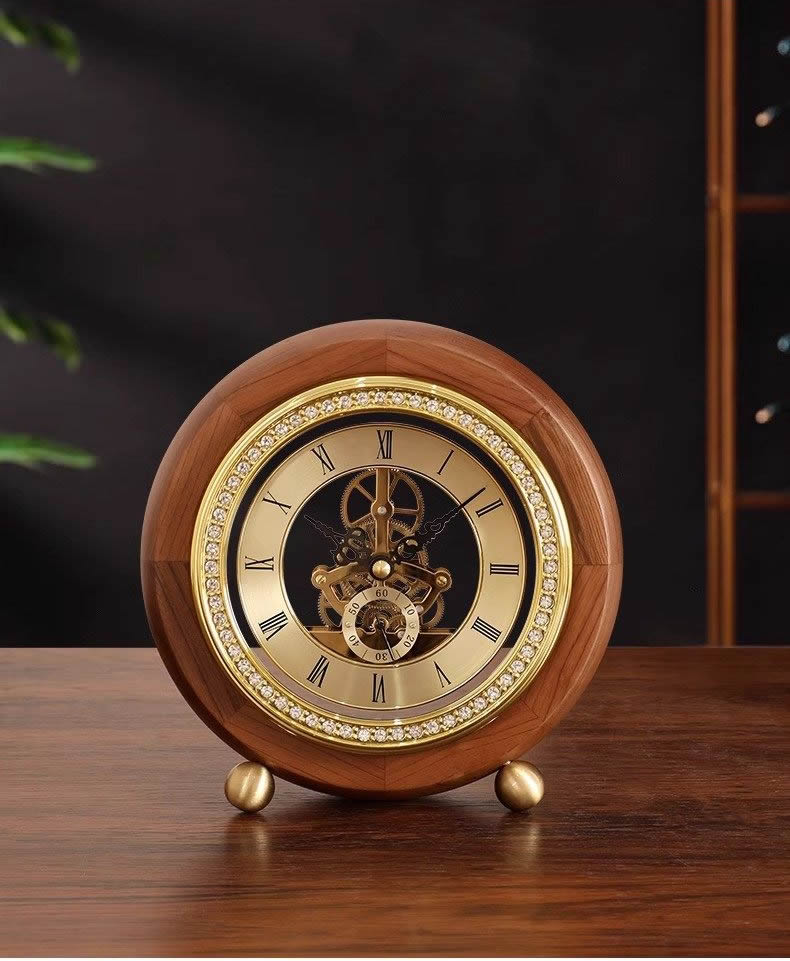 Vintage Skeleton Walnut Wood Table Clock - Roman Numeral Mechanical Gears Desk Clock