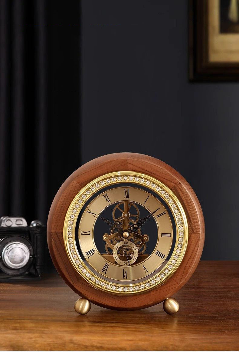 Vintage Skeleton Walnut Wood Table Clock - Roman Numeral Mechanical Gears Desk Clock