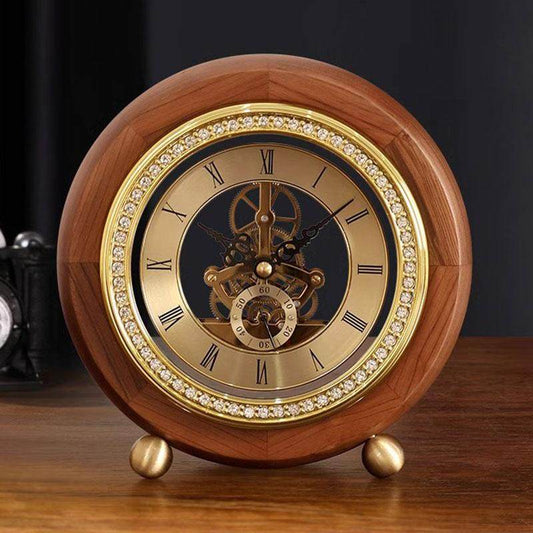 Vintage Skeleton Walnut Wood Table Clock - Roman Numeral Mechanical Gears Desk Clock