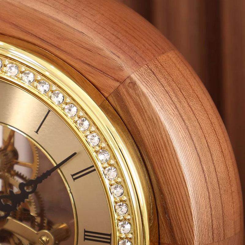 Vintage Skeleton Walnut Wood Table Clock - Roman Numeral Mechanical Gears Desk Clock