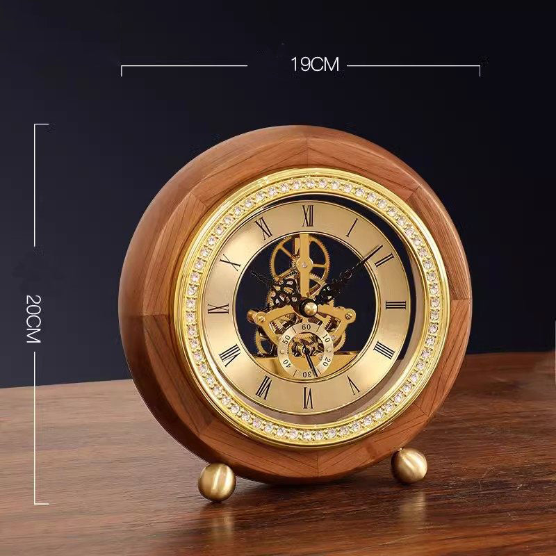 Vintage Skeleton Walnut Wood Table Clock - Roman Numeral Mechanical Gears Desk Clock