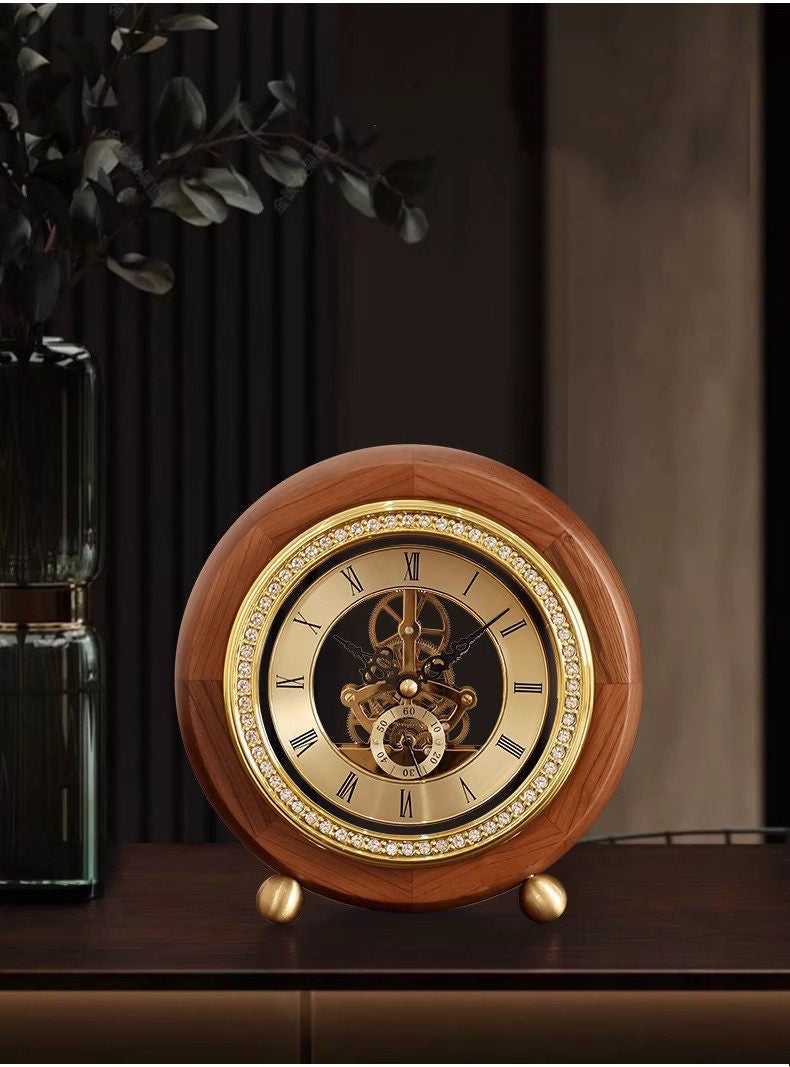 Vintage Skeleton Walnut Wood Table Clock - Roman Numeral Mechanical Gears Desk Clock