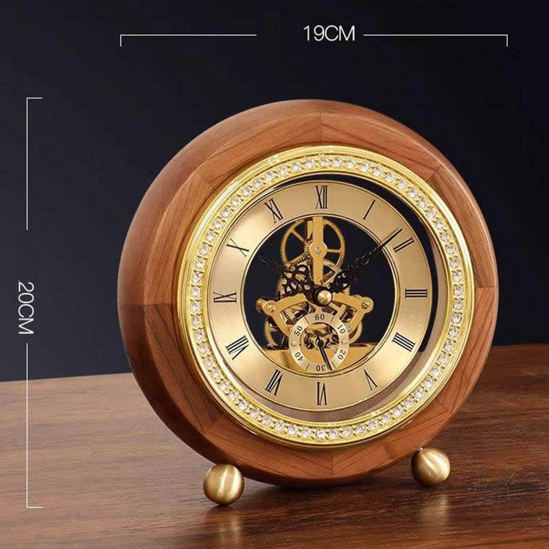 Vintage Skeleton Walnut Wood Table Clock - Roman Numeral Mechanical Gears Desk Clock