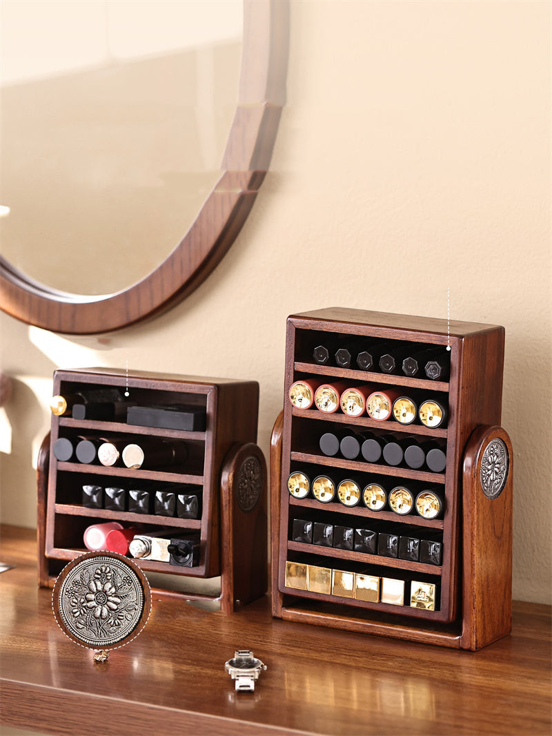 Vintage Solid Wood Lipstick Organizer - Rotating Cosmetics Storage Stand,Jewelry Box