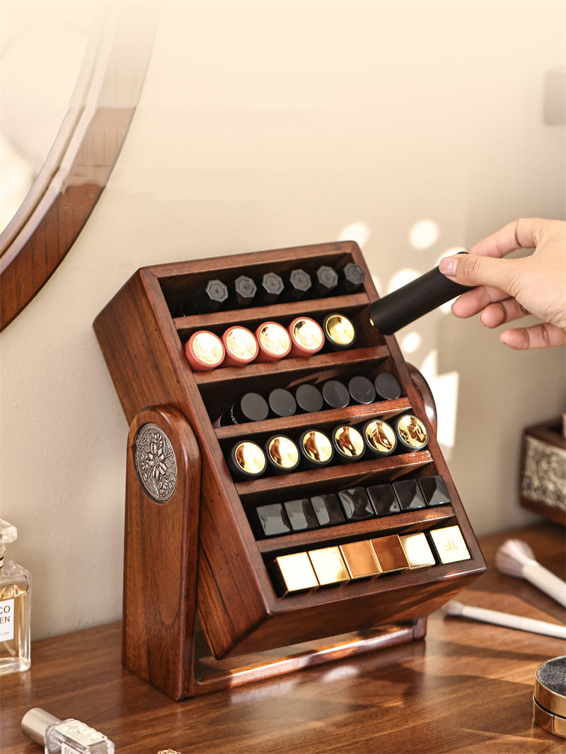 Vintage Solid Wood Lipstick Organizer - Rotating Cosmetics Storage Stand,Jewelry Box