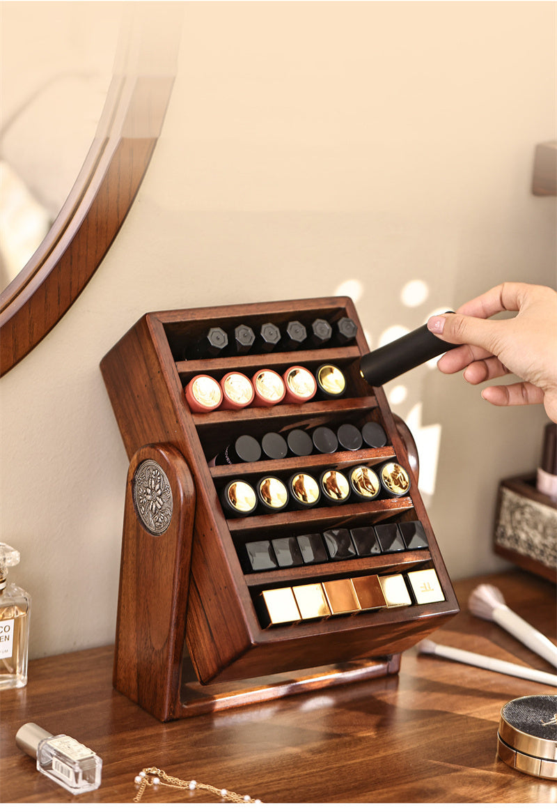 Vintage Solid Wood Lipstick Organizer - Rotating Cosmetics Storage Stand,Jewelry Box