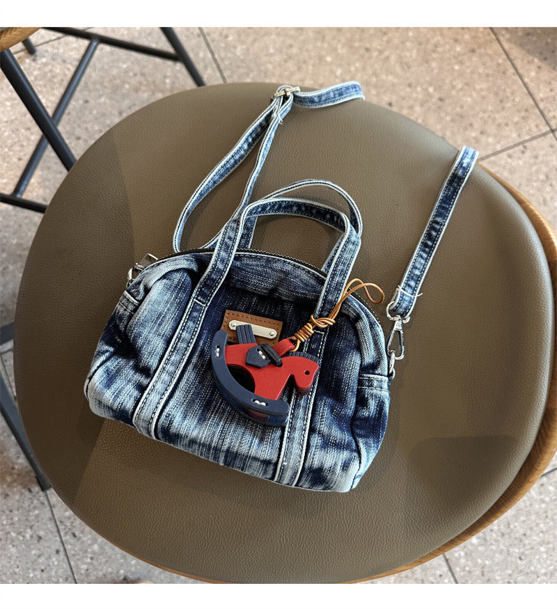 Vintage Washed Denim Mini Crossbody Bag - Small Tote with Horse Charm & Detachable Strap, Casual Shoulder Purse for Women