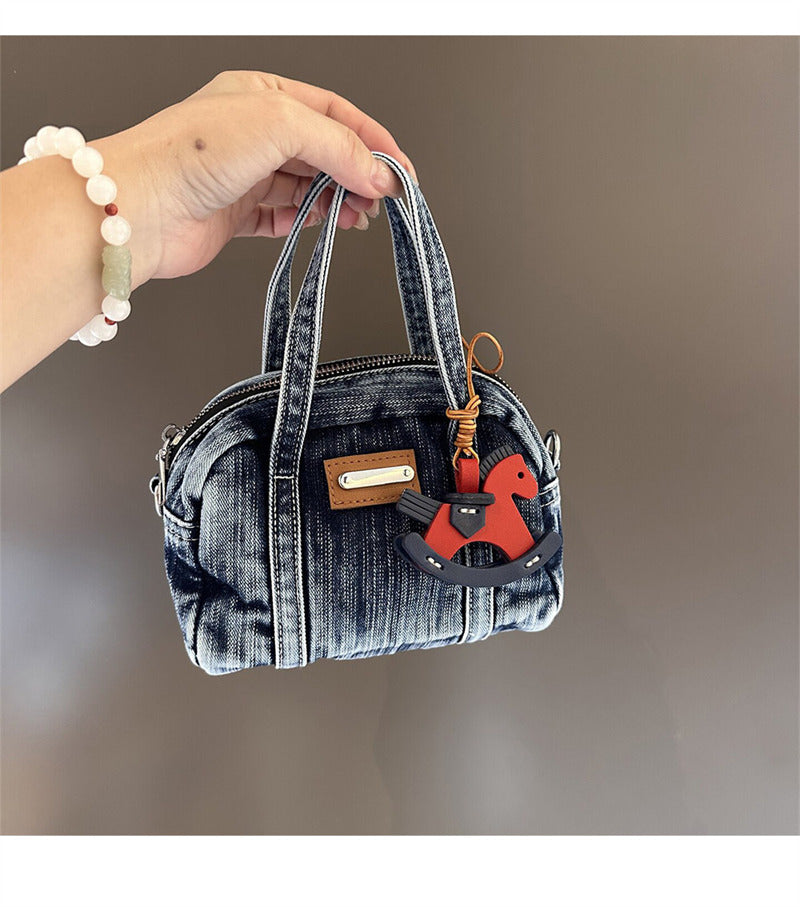 Vintage Washed Denim Mini Crossbody Bag - Small Tote with Horse Charm & Detachable Strap, Casual Shoulder Purse for Women
